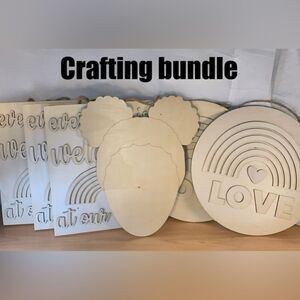 6 Piece Crafting Bundle of unfinished wood wall art details listed in pictures.